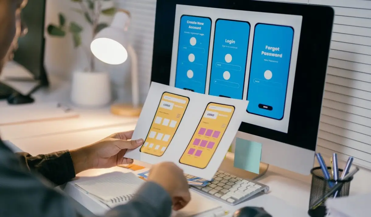 ux designer is reviewing paper prototypes of a mob nlr769m